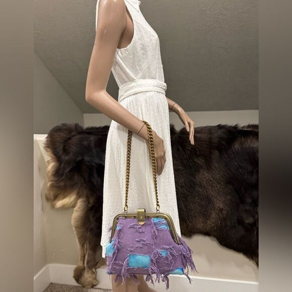 Unique Colorblock Cowhide Leather with Ripped Canvas, Metal Frame Bag, Crossbody - Picture 12 of 16